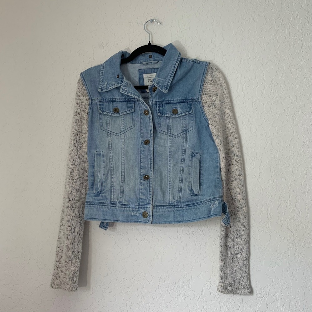Billabong Denim Jacket Women S Knit‎ Sleeves Light Wash Distressed Mixed Media